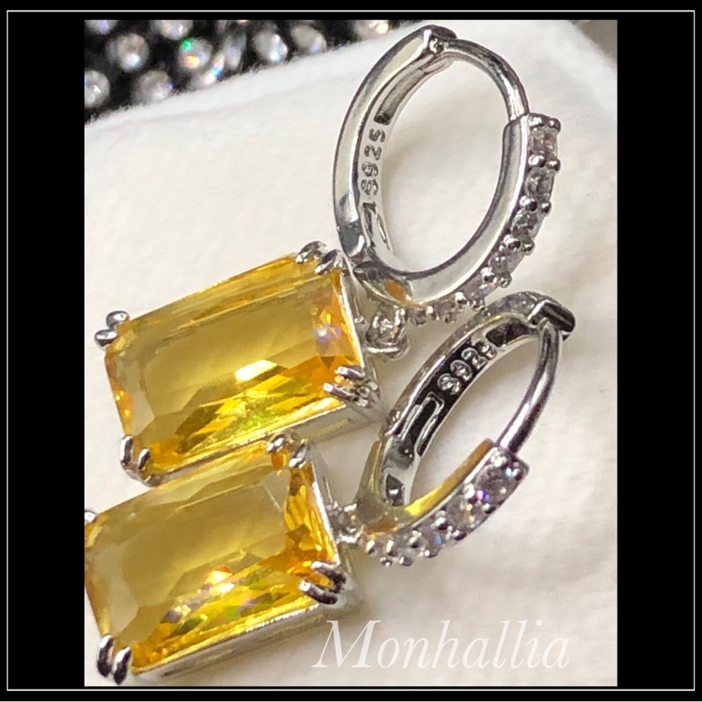 NEW 925 SILVER SQUARE PRINCESS CANARY CITRINE SAPPHIRE YELLOW AMETHYST EARRINGS - Picture 3 of 5